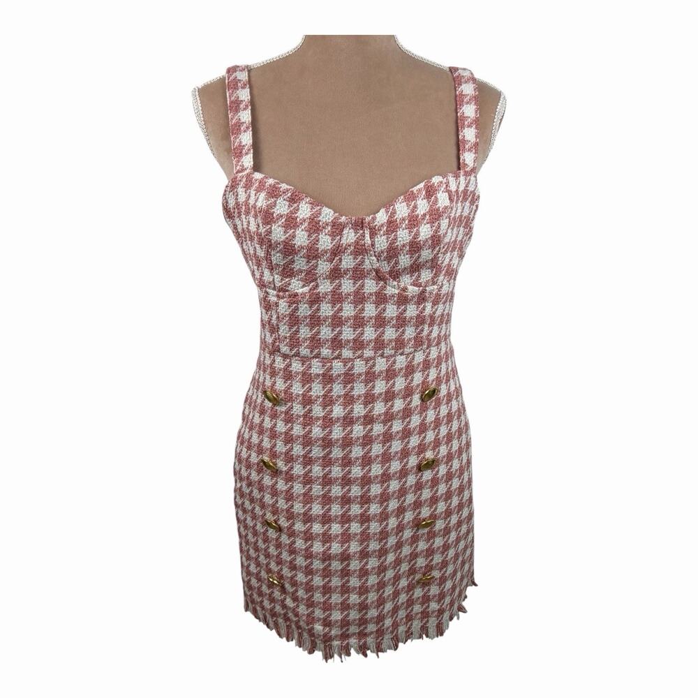 Forever 21 Pink White Tweed Houndstooth Mini Dress Gold Buttons Medium NWT